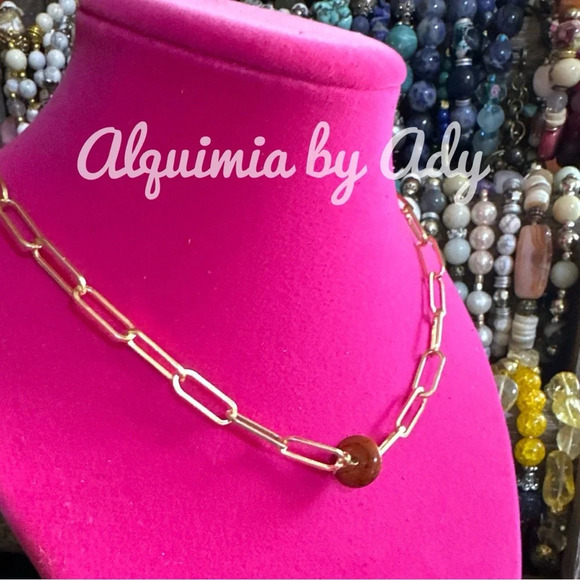 Red Jasper donut chunky gold steel curb link statement pendant necklace/ fall